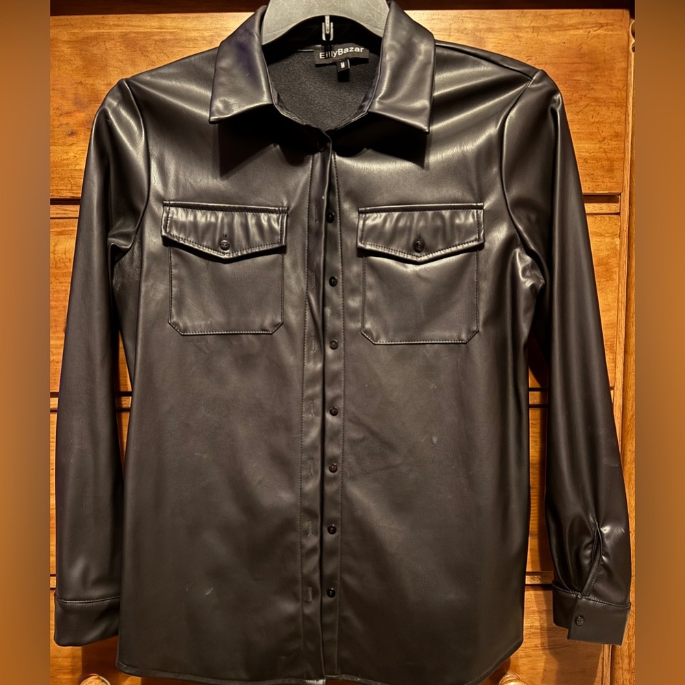 Black Faux Leather Button Down Shirt